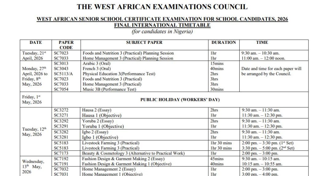 2026 WAEC Final Timetable for SSCE May/June