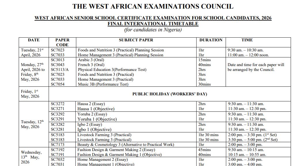 2026 WAEC Final Timetable for SSCE May/June