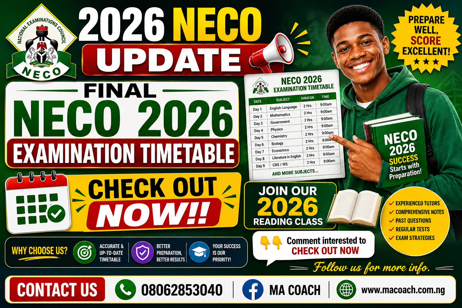 2026 NECO final examination timetable is out