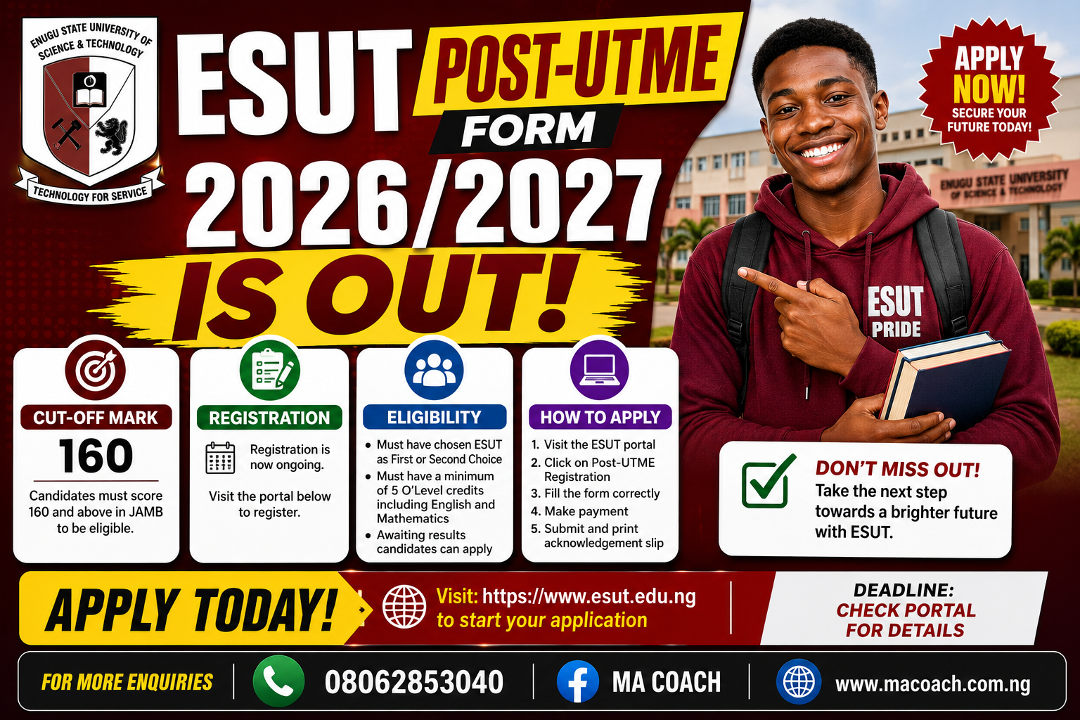 ESUT Post-UTME Form 2026/2027 Don Land: How To Apply, Cut-Off Mark + Deadline