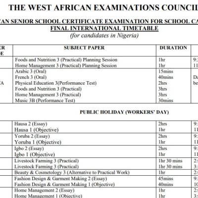 2026 WAEC Final Timetable for SSCE May/June
